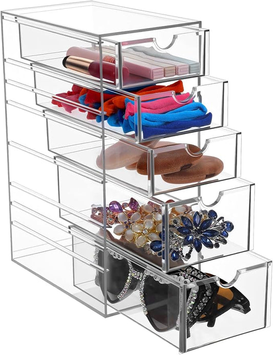 Hair Accessory Organizer, Plastic Clear Hair Tie Storage Box with 5 Drawers, Hair Accessory Container, Storage Organization Drawers Set for Bathroom, Closet Desk, Office