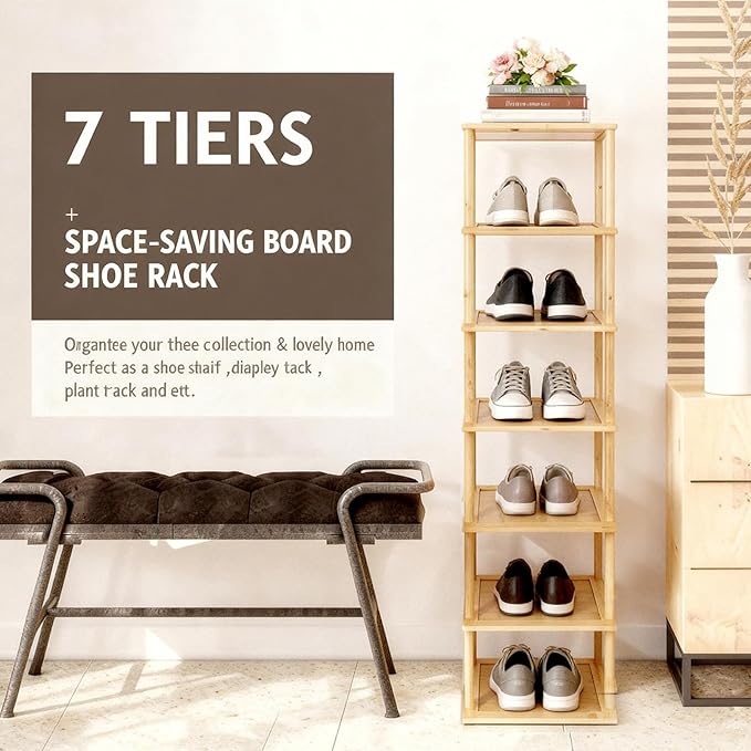Aniston 7 Tier Bamboo Shoe Rack, Free Standing Slim Narrow Shoe Storage, Vertical Tall Shoe Shelf Organiser for Garage, Closet, Doorway, Corner, Living Room Small Spaces (7 Tier)