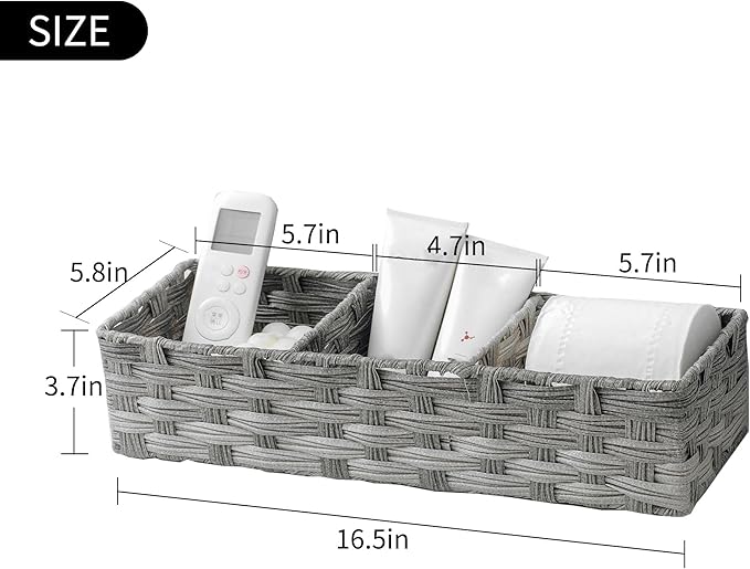 Toilet Tank Topper Paper Basket Multiuse Hand Woven Plastic Wicker Basket Bins with Divider for Shelves Rustic Farmhouse Bathroom Decor Countertop Organizer Storage