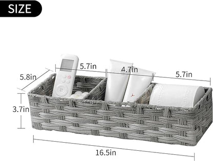 Toilet Tank Topper Paper Basket Multiuse Hand Woven Plastic Wicker Basket Bins with Divider for Shelves Rustic Farmhouse Bathroom Decor Countertop Organizer Storage