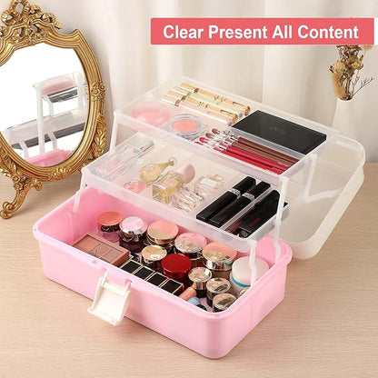 Hipiwe Plastic Hair Accessories Organizer Three-layer Folding Craft Organizer with Dividers Home Utility Case with Handle for Hair Tool Nail Art Tool Makeup, Pink
