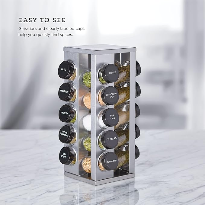 Kamenstein 20 Jar Heritage Revolving Countertop Spice Rack Organizer with Spices Included, FREE Spice Refills for 5 years, Brushed Stainless Steel with Black Caps (Pack of 3)
