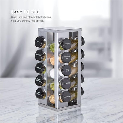 Kamenstein 20 Jar Heritage Revolving Countertop Spice Rack Organizer with Spices Included, FREE Spice Refills for 5 years, Brushed Stainless Steel with Black Caps