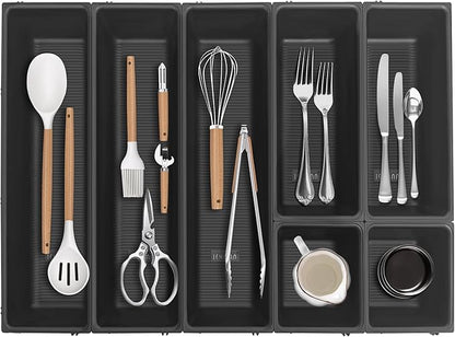 JEHONN Silverware Organizer, Utensil Drawer Tray for Kitchen Flatware Cutlery, Large Adjustable Plastic Storage Divider with 7 Compartment for Spoons Forks Knives (Black)