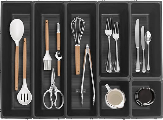JEHONN Silverware Organizer, Utensil Drawer Tray for Kitchen Flatware Cutlery, Large Adjustable Plastic Storage Divider with 7 Compartment for Spoons Forks Knives (Black)