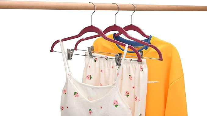 Quality Hangers Plastic Non Velvet Non-Flocked Thin Compact Skirt and Pant Hangers with Metal Clips - Suited for Pants Blouses Coats - 360° Swivel Hook (Raspberry, 20)