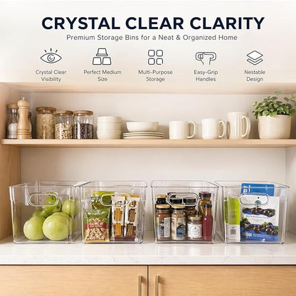 MOONEDGE Open Clear Plastic Storage Bins Stackable Organizer Containers with Handles for Kitchen, Pantry, Fridge, Cabinet, Closet Storage & Home Organization 6 Pack（11 x 8 x 6 in）