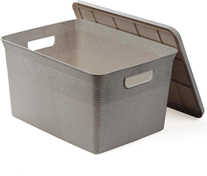 BINO | Plastic Storage Bins with Lids, 22 Liter - 3 Pack, Natural Grey | THE BRAIDED COLLECTION | Plastic Bins for Organization Woven Storage Baskets for Organizing Pantry Shelf Organizer Basket Bin