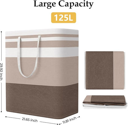 StorageRight Large Collapsible Laundry Basket Hamper with Easy Carry Handles，Freestanding Clothes Hampers for Laundry, Bedroom, Dorm, Towels, Toys, 125L, Khaki