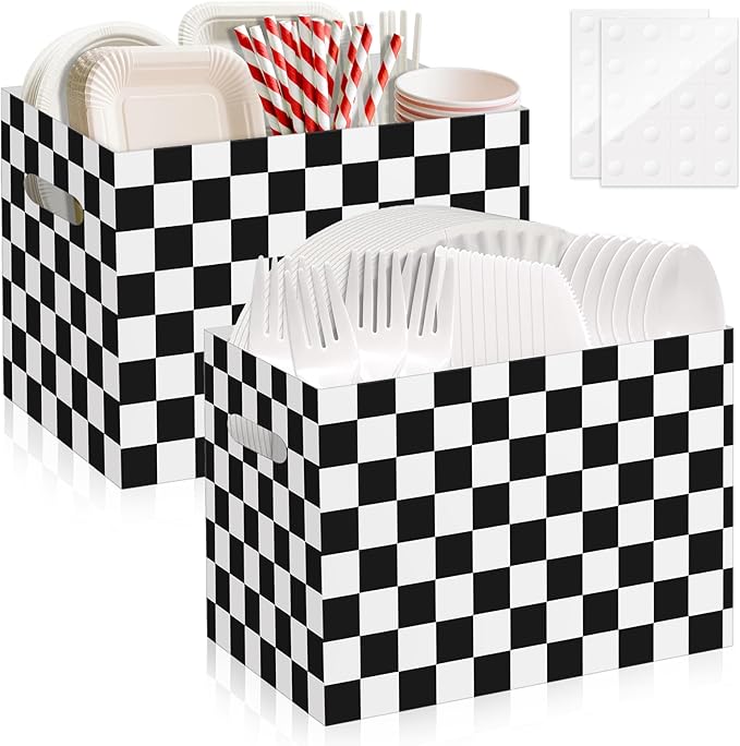 2PCS Black and White Checkered Utensil Holder Paper Utensil Caddy for Checkered Birthday Decorations Race Car Party Favors Disposable Cutlery Holder with Handles for Birthday Party Supplies