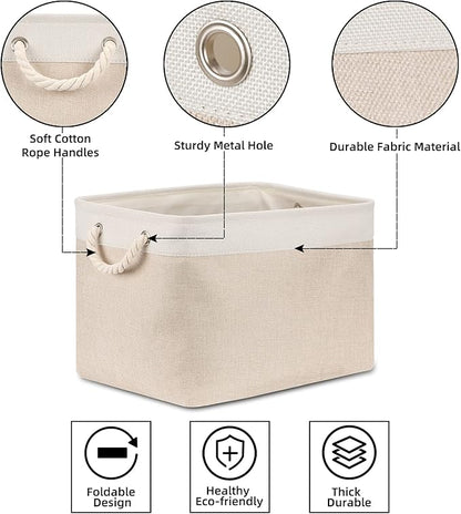 Bidtakay Beige Storage Basket Large Fabric Cloth Baskets [2-Pack] Tall Rectangular Shelf Baskets 16X11.8X11.8 in Canvas Collapsible Storage Bins with Handles for Organizing Living Room(White&Beige)