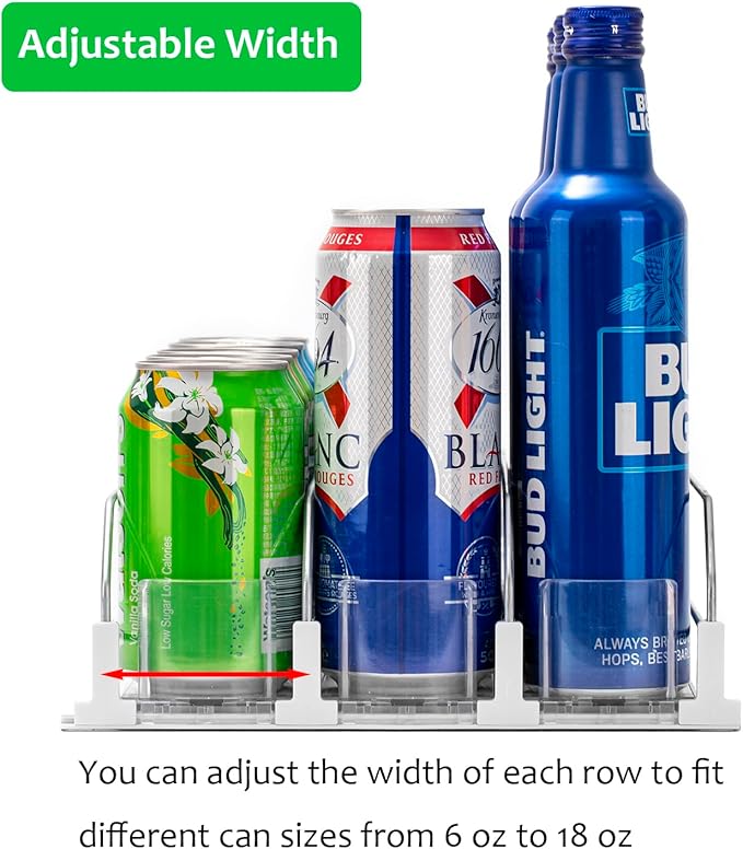RULA Drink Organizer for Fridge, Width Adjustable Water Bottle Pusher Glide, Self-Pushing Soda Can Dispenser for Refrigerator - Holds up to 15 Cans (15" D, 3 Rows)