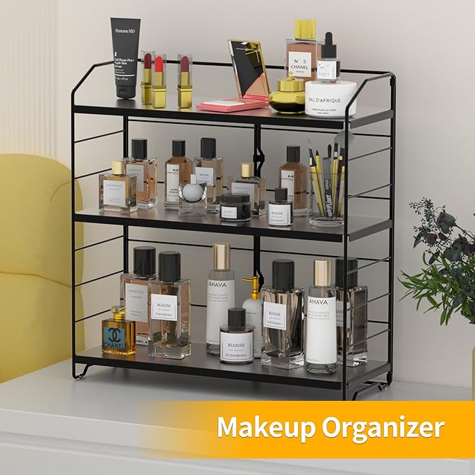 BOIVSHI Bathroom Countertop Organizer, 3-Tier Bathroom Counter Organizer, 8-Levels Height Adjustable, Bathroom Organizer for Kitchen, Pantry, Livingroom, Offices Storage, Metal Black