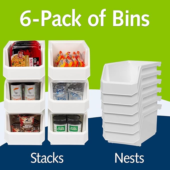 ReadySpace Large Plastic Containers for Organizing and Storage Bins for Closet, Kitchen, Office, or Pantry Organization, 14.75" x 8" x 7", 6-Pack, White, Large