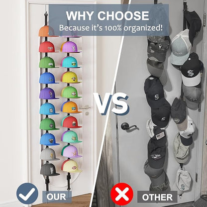 AXU Hat Rack for Door, Hat Organizer for Baseball Caps, Over the Door Hat Storage Organizer - Holds 20-40 Caps | Grey, 2 Straps