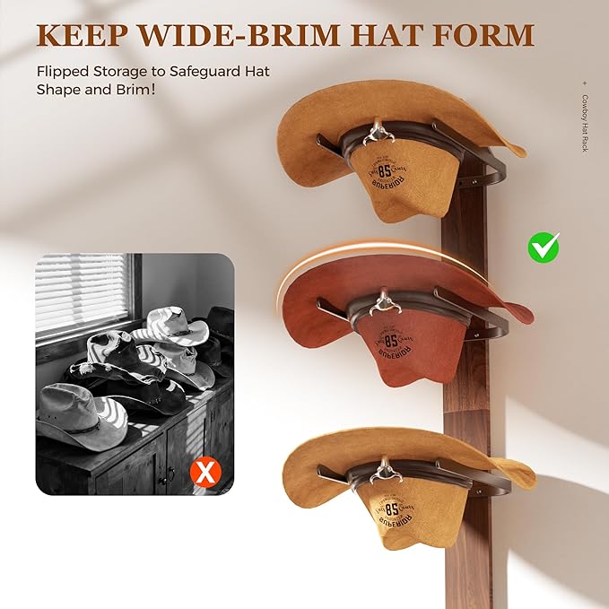 Cowboy Hat Rack for Wall, Cowboy Hat Holder Wall Mount Holds up to 6 Hats, Wooden Western Rustic Metal Hat-Organizer with Arrow Sign Board, Display and Decor Rack for Fedora, Sun Hats,Baseball Caps