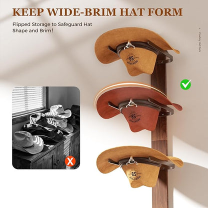 Cowboy Hat Rack for Wall, Cowboy Hat Holder Wall Mount Holds up to 6 Hats, Wooden Western Rustic Metal Hat-Organizer with Arrow Sign Board, Display and Decor Rack for Fedora, Sun Hats,Baseball Caps