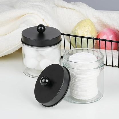 SheeChung Bathroom Organizers and Storage - 4Pack Qtip Holders Bathroom Canister Apothecary Jars for Cotton Swabs, Rounds, Balls, Qtips,Makeup Sponges, Flossers,Bath Salts - Black