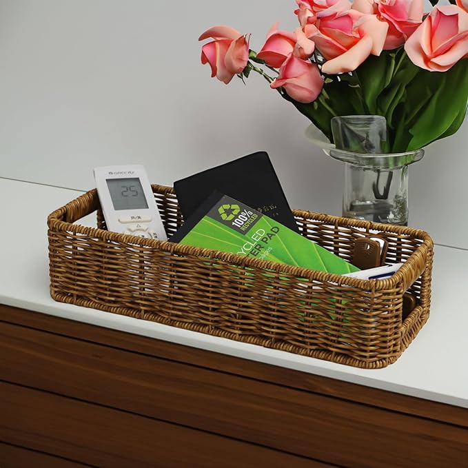 Basket for Toilet Paper Storage, Waterproof Wicker Baskets for Bathroom Counter Organizer, Small Storage Basket for Organizing Countertop Bathroom Bedroom Toilet Tank (Dark Brown)