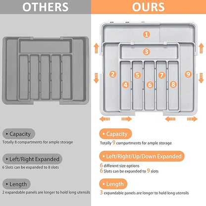 Silverware Organizer Expandable Kitchen Drawer Organizer Adjustable 22"x 19" Utensil Organizer with Rubber Feets Cutlery Drawer Organizer for Spoons Forks Knives Kitchen Organizers and Storage Grey