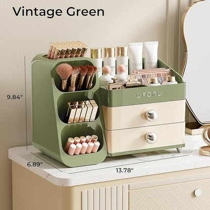 Makeup Organizer for Vanity with Brush Holder, Large Capacity Bathroom Countertop Skincare Organizer with 2 Drawers, Cosmetic Display Case for Perfumes, Eyeshadow Palettes, Nail Polishes