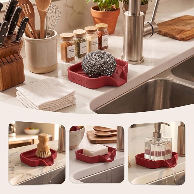 MicoYang Silicone Bathroom Soap Dishes with Drain Spout-Bathroom and Kitchen Sink Organizer,Sponge Holder,Dish Soap Tray,Perfect for Dispenser,Scrubber,Bottle,Cup on Sink or Counter-Red 4.9"×3.2"