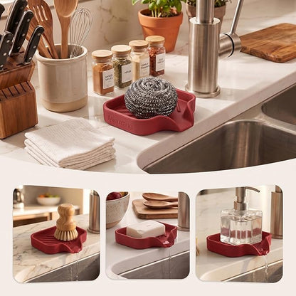 MicoYang Silicone Bathroom Soap Dishes with Drain Spout-Bathroom and Kitchen Sink Organizer,Sponge Holder,Dish Soap Tray,Perfect for Dispenser,Scrubber,Bottle,Cup on Sink or Counter-Red 4.9"×3.2"