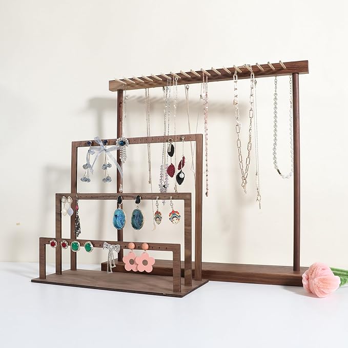 Large necklace hanger shelf with 17 copper bars, Wooden jewelry storage organizer rack for hanger necklace bracelet, necklace display stand for boutique store【Walnut】