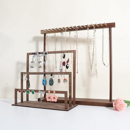 Large necklace hanger shelf with 17 copper bars, Wooden jewelry storage organizer rack for hanger necklace bracelet, necklace display stand for boutique store【Walnut】