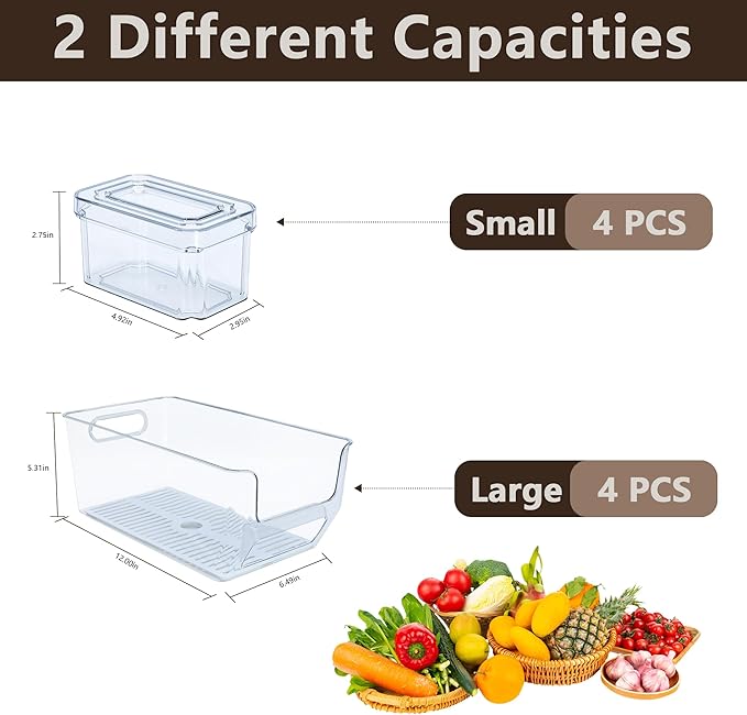 8Pcs Clear Plastic Storage Bins, Refrigerator Organizer Bins with Handles, Freezer Organizer Clear Organizing Bins, BPA-Free Fridge Storage Containers for Fridge, Freezer, Cabinet, Kitchen, Pantry