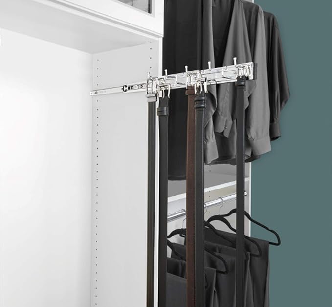 Rev-A-Shelf BRC-14CR 14-Inch Wall Mounted Pullout Closet Belt and Scarf Organization Rack Accessories Holder Hanger with 9 Hooks, Chrome (2 Pack)