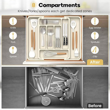Caperci Large Silverware Organizer for Kitchen Drawer & Utensils - Expandable Drawer Organizer for Cutlery, Flatware & Gadget, BPA-Free Thick Plastic, Wider Compartments & Non-skid Feet (Tofu)