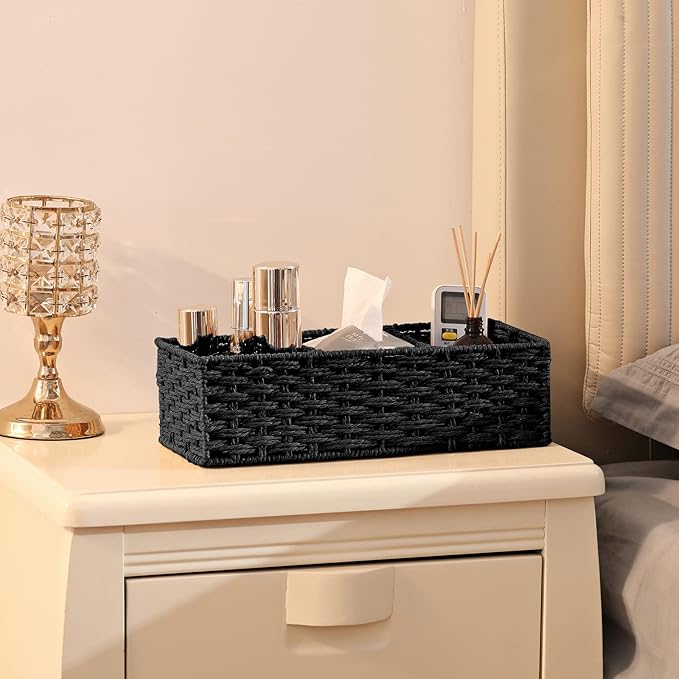 Vagusicc 3 Section Wicker Storage Basket, Hand-Woven Paper Rope Wicker Baskets for Organizing, Toilet Tank Basket, Black Baskets for Bathroom, 2-Pack, Black