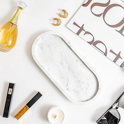 Natural Marble Vanity Tray Italy Oval Stone Trays for Candles Perfume, Decorative Jewelry Dish for Small Items, Countertop Storage Organizer for Home Bathroom Kitchen Matte Surface White (BH101)