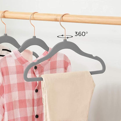 50 Pack Velvet Baby Hangers Non-Slip Clothes Hanger with Swivel Hooks, Space Saving Infant Toddler Closet Organizers, Ultra Thin Durable Child Hangers for Nursery, Kids, Children Wardrobe (Grey)