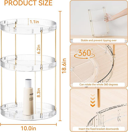Yieach Acrylic 360 Rotating Makeup Organizer and Perfume Organizer,3 Tier Make Up Holder and Acrylic Skincare Organizers for Countertop,Vanity,Bathroom,Clear Spinning Beauty Organizer for Face Product