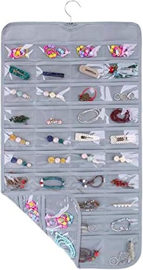 Hanging Jewelry Organizer, Accessories Storage with 80 Pockets Closet Organizers, Necklace, Earring, Ring Holder for Jewelries (Gray)