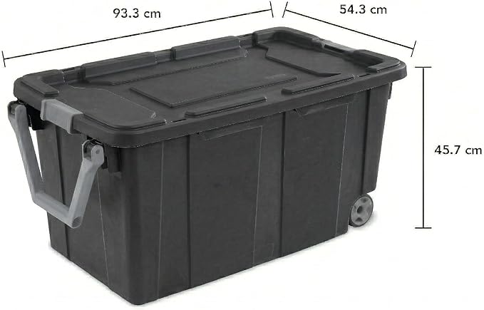 Extra Large 40 Gallon Wheeled Industrial Storage Bins, Heavy Duty Plastic Stackable Totes with Latch Lids and Pull Handle for Garage, Basement, and Moving, Dark Gray, 2 Pack