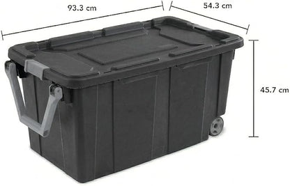 Extra Large 40 Gallon Wheeled Industrial Storage Bins, Heavy Duty Plastic Stackable Totes with Latch Lids and Pull Handle for Garage, Basement, and Moving, Dark Gray, 2 Pack