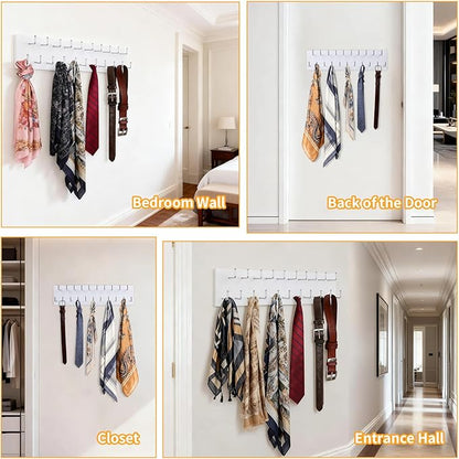 Belt Organizer Holder Wooden Belt Hanger for Closet Wall Mount Belt Storage Rack Tie Bra Scarf Hanger Holds Over 40 Large Belts (White)