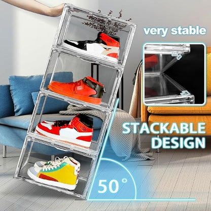 12 Pack Clear Acrylic Shoe Boxes Organizer, Extra-Thick Reinforced Stackable Shoe Storage with Magnetic Door, Dust-Proof Display Cases for Closet & Entryway, Fits up to Men’s 12, Crystal Clear