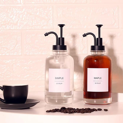 Glass Syrup Pump Bottle Dispenser for Coffee Bar Accessories with 84 Labels (Set of 2), 16.9 oz, Matte Black