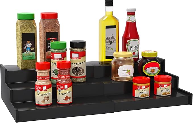 Lenwi Spice Rack Organizer for Cabinet, 3 Tier Expandable Bamboo Spice Storage for Kitchen Cupboard Pantry, Black