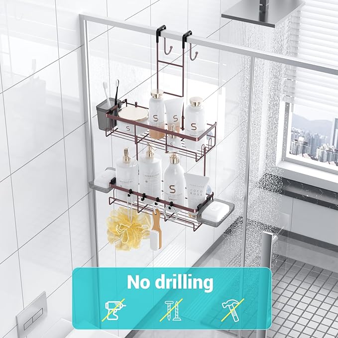 Aitatty Over the Door Hanging Shower Caddy: Rustproof Hanging Organizer over the Door - No Drilling Bathroom Rack for Inside Shower Bronze