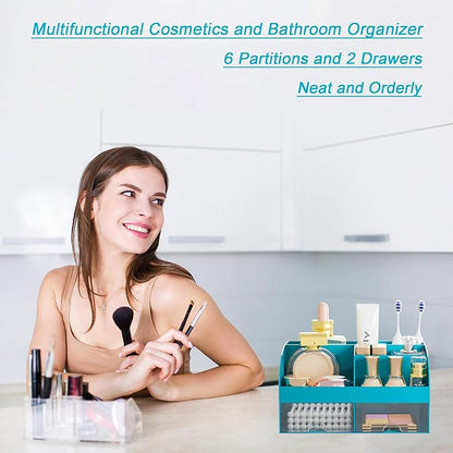 Makeup Organizer with 2 Drawers, Cosmetic Storage for Dresser Vanity and Bathroom Countertop,Make up organization and Skincare Storage with Beauty Brush Holder, Cosmetic Display Case (Dark Green)