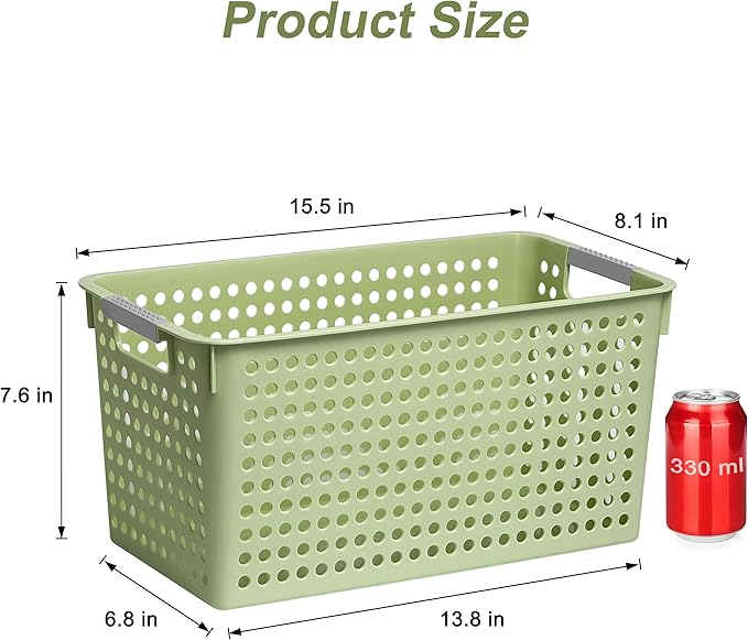 Soddeph Slim Plastic Storage Basket with Handles, Narrow Organizer box for Shelves, Organizer box for Organizing, Kitchen,Home,Office (Green, Large)