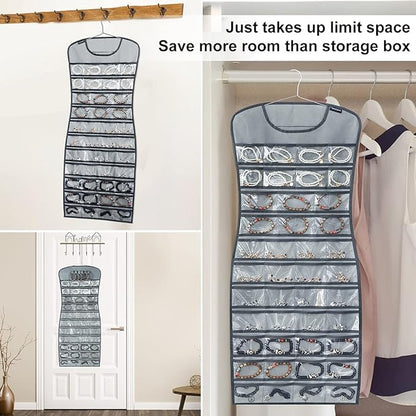 Hanging Jewelry Organizer Dual Sided 84 Clear Pockets and 6 Hook Loops Storage for Holding Jewelries Hair Accessories Dress Shaped Earring Holder (84 Pockets and 6 Hook Loops -Grey)