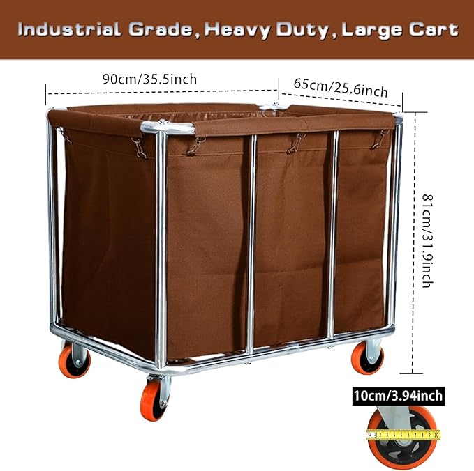 Commercial Laundry Cart with Wheels, 400L Large Capacity Heavy Duty Stainless Laundry Basket,Laundry Sorter for Clothes Storage,330 lbs Load (Brown)