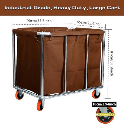 Commercial Laundry Cart with Wheels, 400L Large Capacity Heavy Duty Stainless Laundry Basket,Laundry Sorter for Clothes Storage,330 lbs Load (Brown)