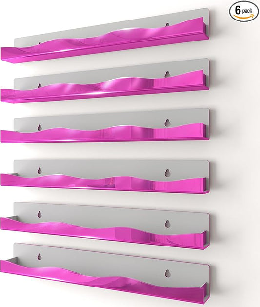 YMVV Wall-Mounted Nail Polish Organizer Rack - 15 Inch Pink Mirror Finish Nail Polish Shelf, Makeup & Beauty Essentials Storage - Multi-Purpose Display Holder for Small Space, Vanity Bathroom, 6 Pack